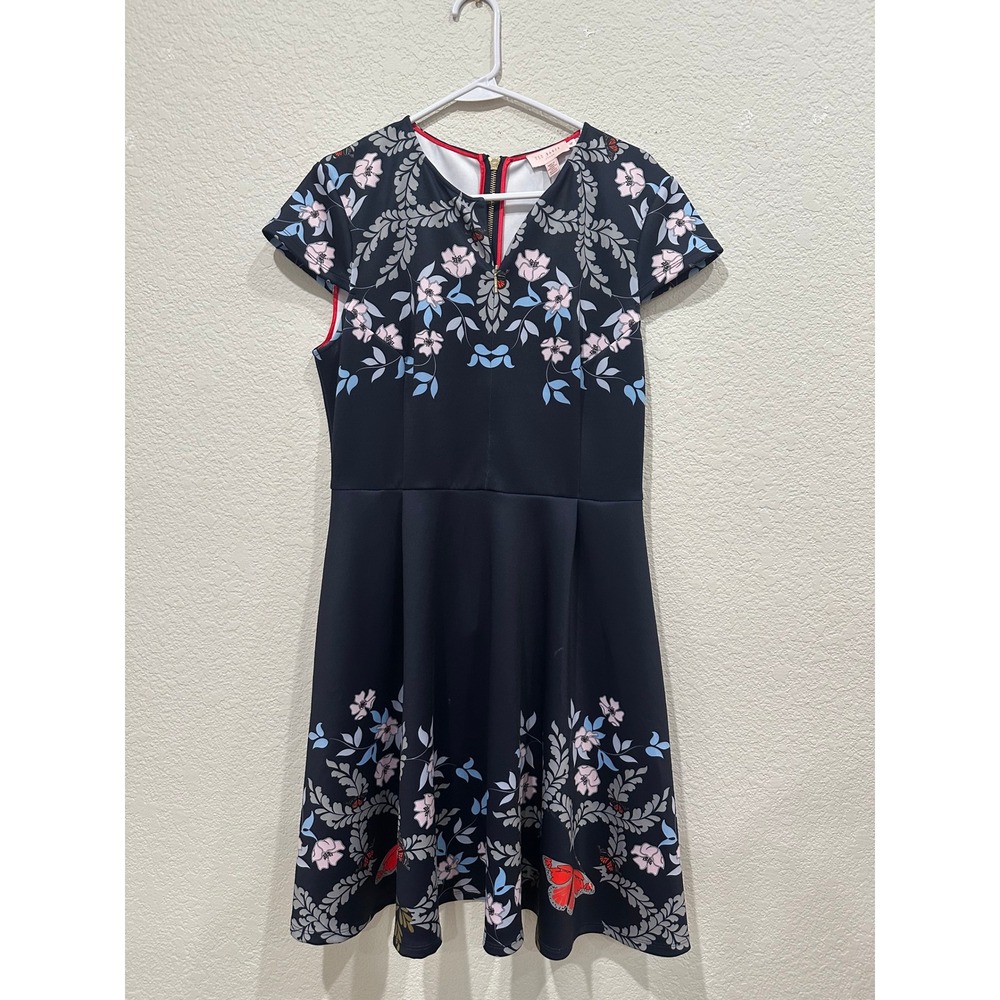 Ted Baker London Floral Skater Dress Navy Blue Butterfly Zip Back Size 4 US 10